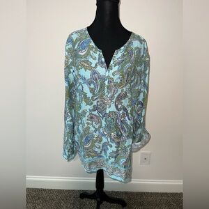 Talbots Paisley Blouse - Light Blue and Green V neck with roll tab sleeves XL